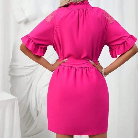 Pink Boho Womens Paisley Embroidery Flounce Sleeve Belted Shirt Dress - Picture 2 of 5